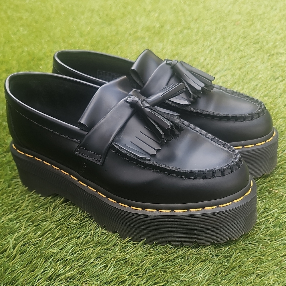 Dr. Martens Black Tassel Platform Loafers with Yellow Stitching